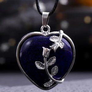 Lapis Lazuli Natural Gemstone Flower Heart Pendant Necklace Healing Gemstone